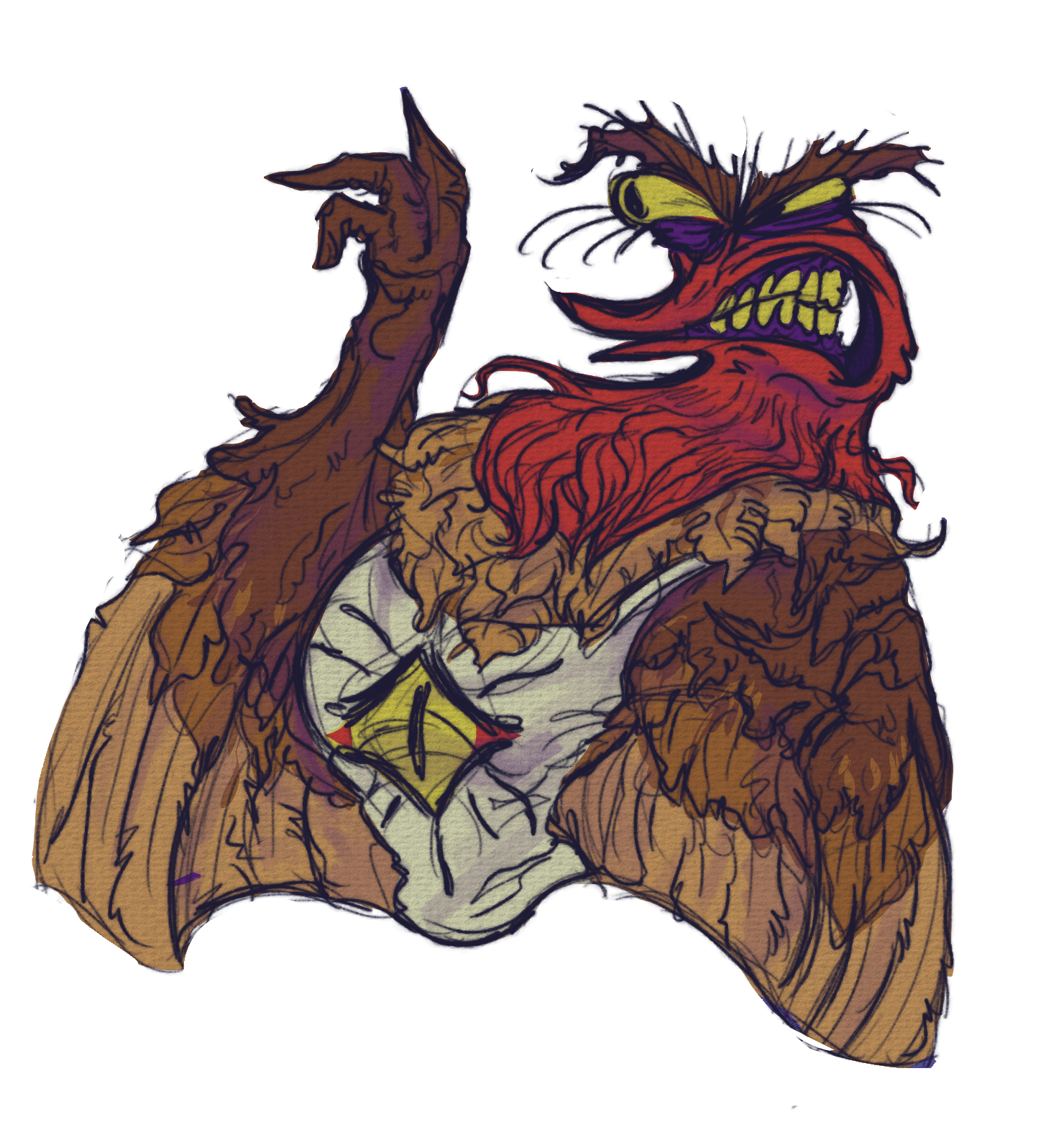 A sprite of Huh, snarling and also anticipating to grab Xaiver. Huh's head is a combination of Red Guy from Don't Hug Me I'm Scared and Globox from Rayman, with the head being made out of red hair and them having a large, pointed cartoon mouth. They have bushy brown eyebrows and purple bags under their eyes. Huh has a wreath of fur under their head and has brown feathered arms with wings under them. They are wearing a white undershirt shirt with a yellow eye on it.